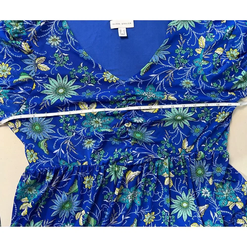 QVC Susan Graver Printed Mesh V-Neck 3/4 Sleeve Tiered Dress NWOT SIZE L LAPIS - Picture 8 of 9
